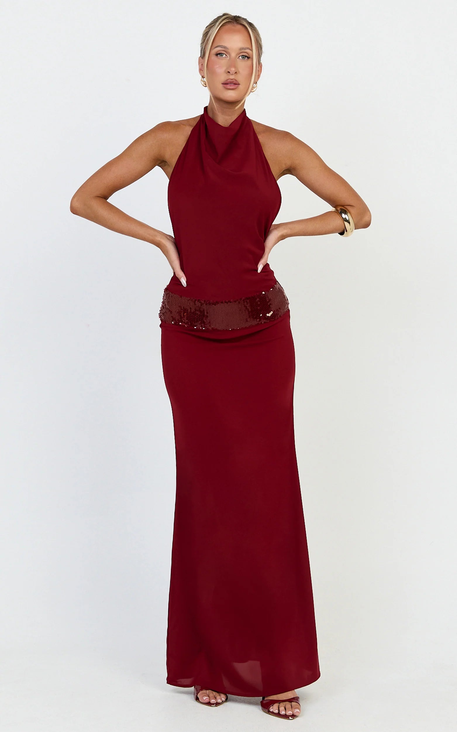 Glamorous Form-Fitting Halter-Neck Sleeveless Tie-Back Floor-Length Sequin-Waist Burgundy Evening Dress