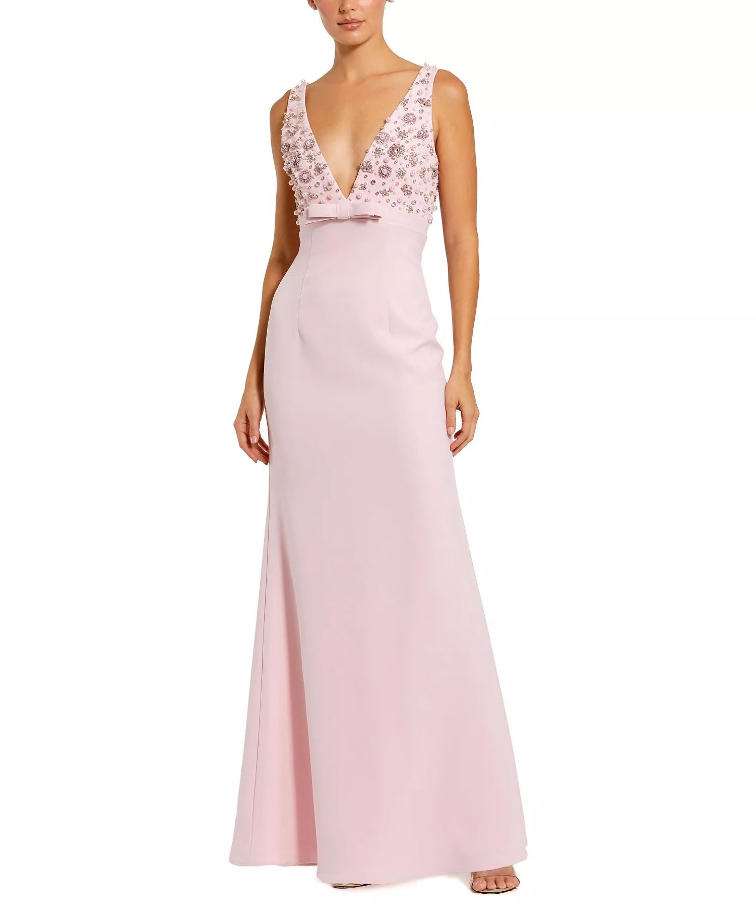 Glamorous Form-Fitting Mermaid Silhouette V-Neck Sleeveless Beaded Pearl Bow Maxi Evening Dress
