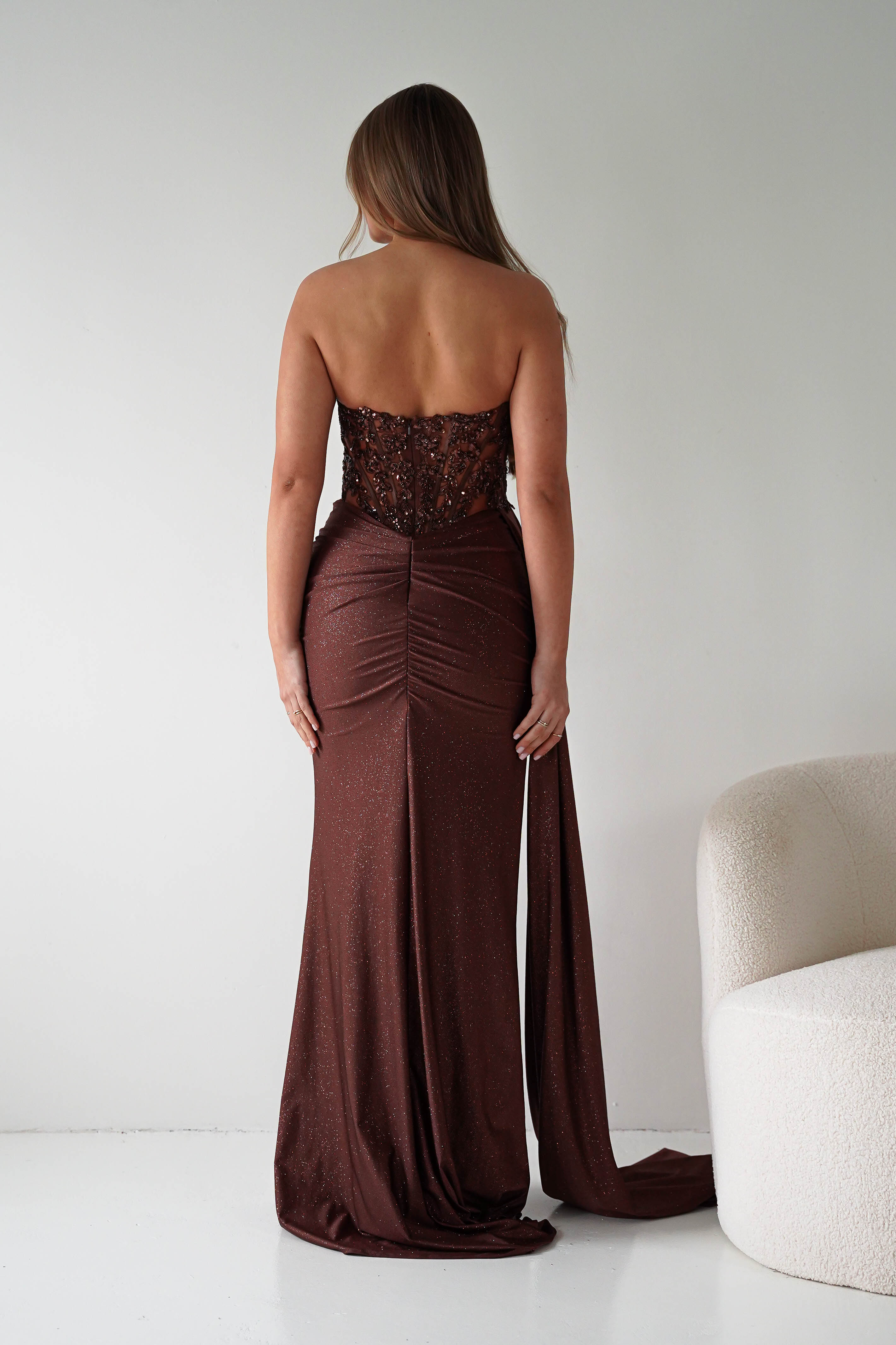 Glamorous Glitter Mermaid Strapless Lace-Appliqué Train Prom Dresses