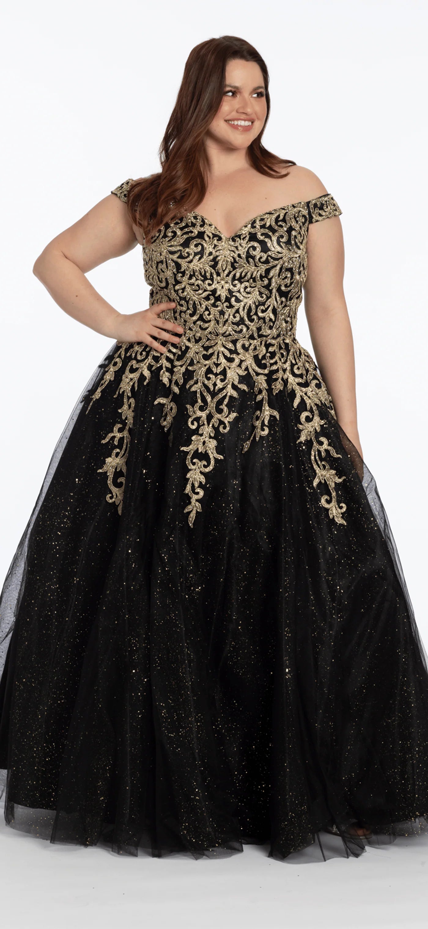 Glamorous Glitter Tulle Ball Gown Off-the-Shoulder Sweetheart Neck Short Sleeve Floor-Length Prom Dress with Gold Lace Applique for Formal Events