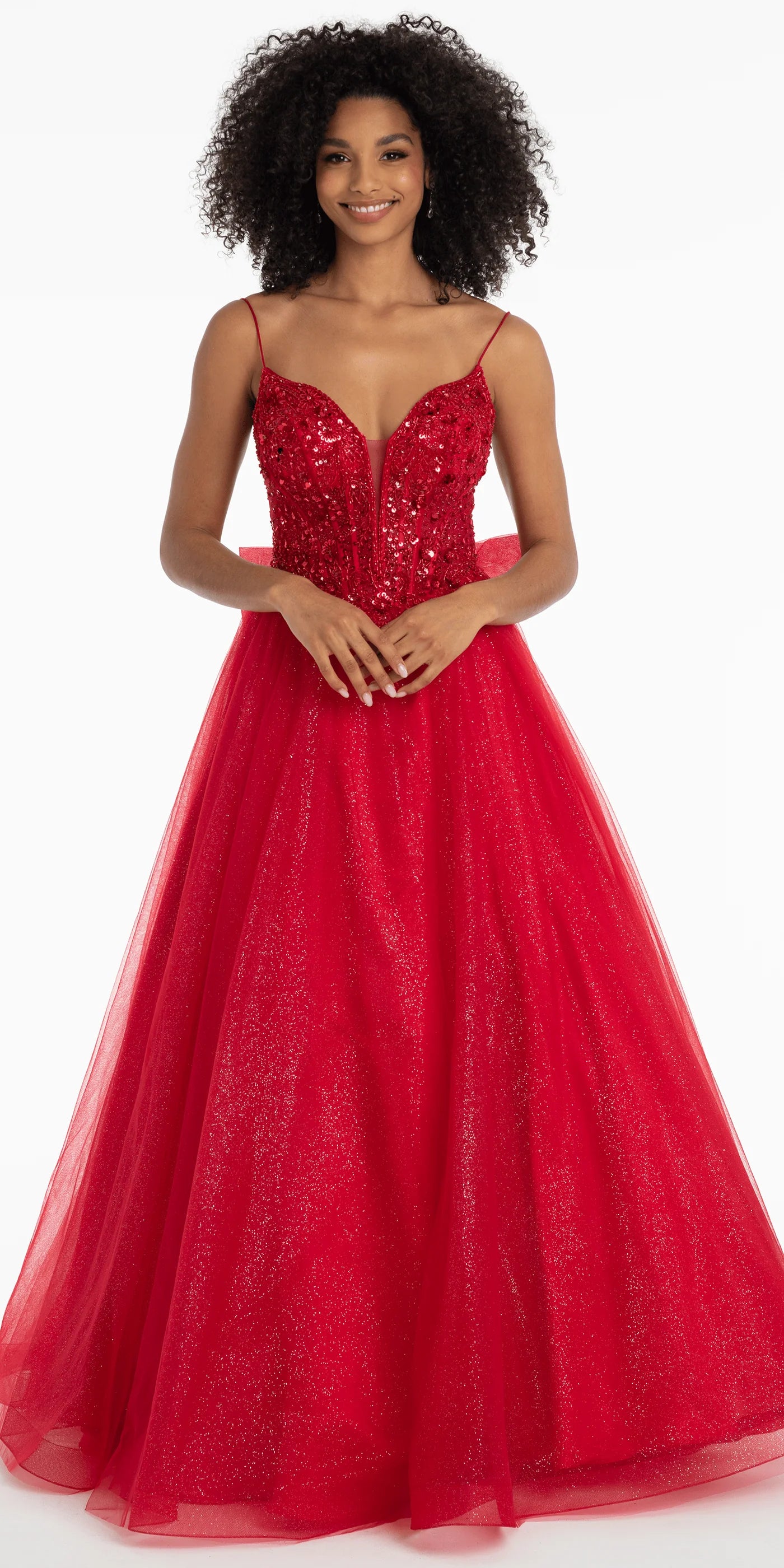 Glamorous Glitter Tulle Ball Gown Sweetheart Neck Spaghetti Strap Floor-Length Prom Dress with Beaded Bodice and Back Bow for Formal Events