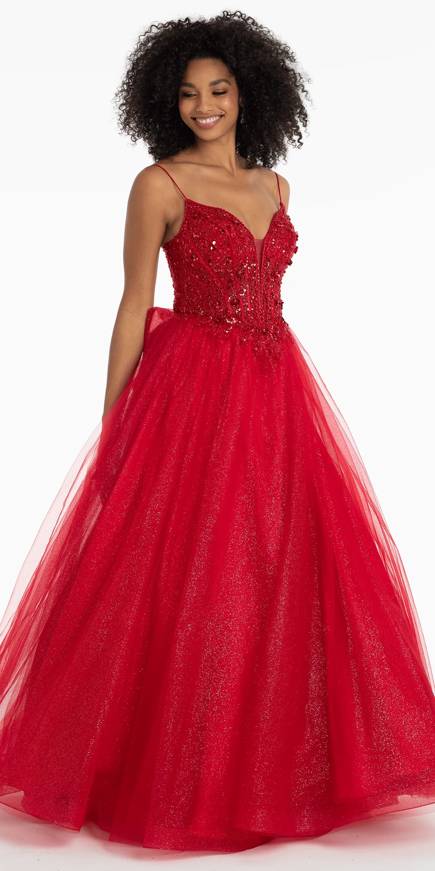 Glamorous Glitter Tulle Ball Gown Sweetheart Neck Spaghetti Strap Floor-Length Prom Dress with Beaded Bodice and Back Bow for Formal Events