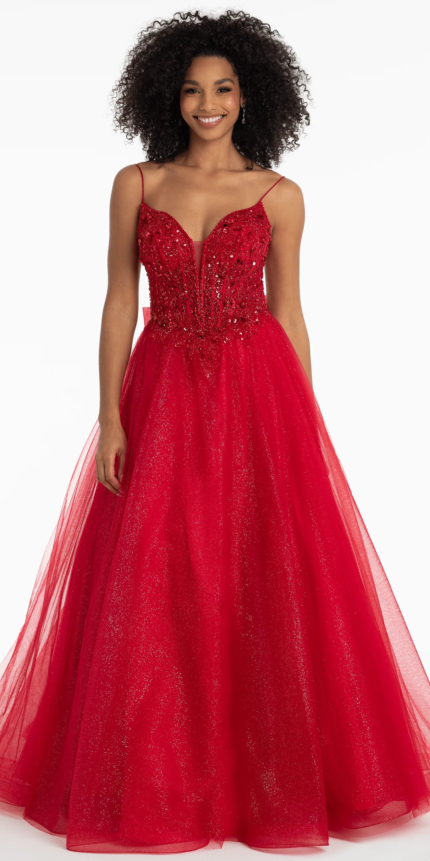 Glamorous Glitter Tulle Ball Gown Sweetheart Neck Spaghetti Strap Floor-Length Prom Dress with Beaded Bodice and Back Bow for Formal Events