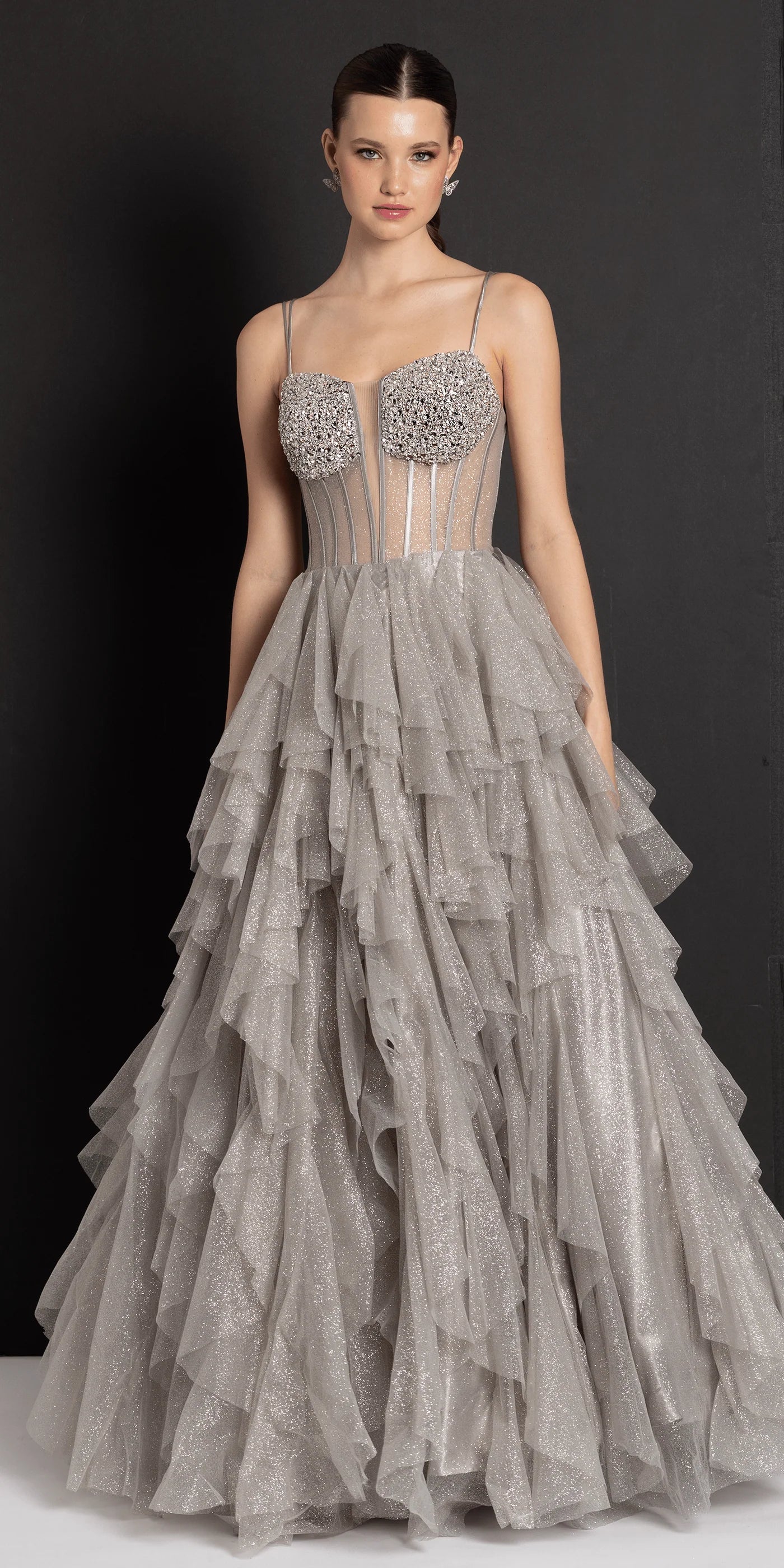 Glamorous Glitter Tulle Ball Gown Sweetheart Neck Spaghetti Strap Lace-Up Back Floor-Length Prom Dress with Beaded Bust for Formal Events