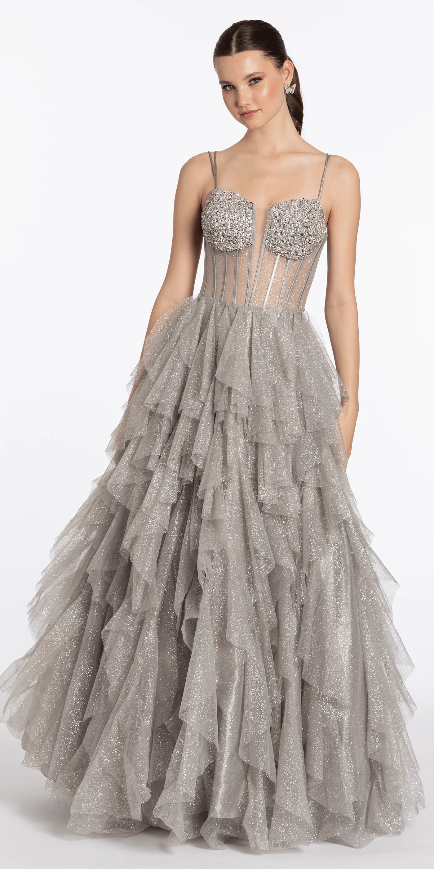 Glamorous Glitter Tulle Ball Gown Sweetheart Neck Spaghetti Strap Lace-Up Back Floor-Length Prom Dress with Beaded Bust for Formal Events