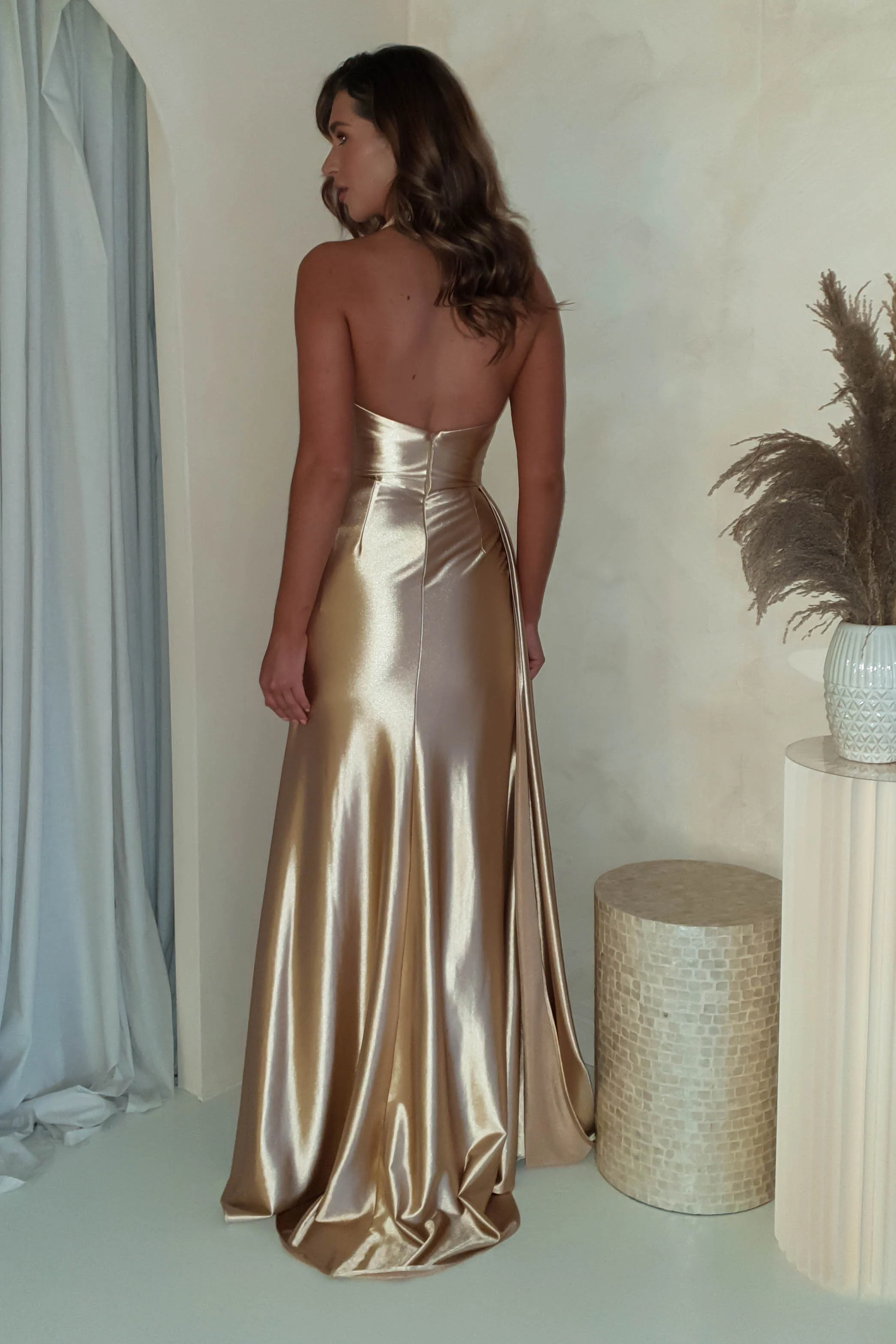 Glamorous Gold Satin Halter Neck Ruched Slit Backless Mermaid Evening Dresses