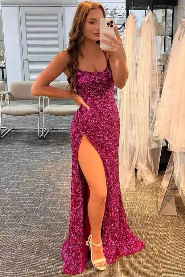 Glamorous Hot Pink Sequin Mermaid Gown with Square Neck & Lace-Up Back