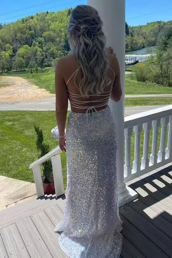 Glamorous Iridescent Sequin Mermaid Gown with Halter Neck & Lace-Up Back