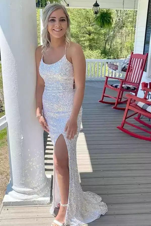 Glamorous Iridescent Sequin Mermaid Gown with Halter Neck & Lace-Up Back