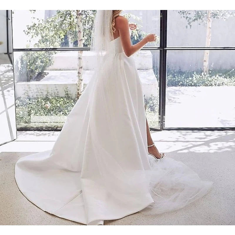 Glamorous Ivory Sweetheart Neck Draped Bodice High Slit A-Line Floor-Length Wedding Dress with Cathedral Train
