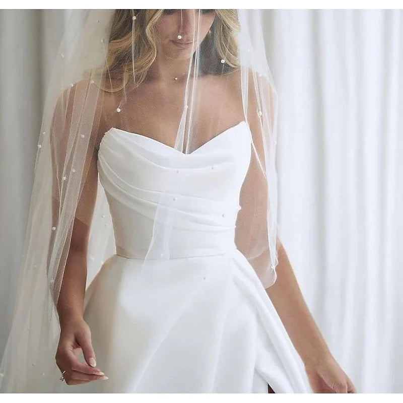 Glamorous Ivory Sweetheart Neck Draped Bodice High Slit A-Line Floor-Length Wedding Dress with Cathedral Train