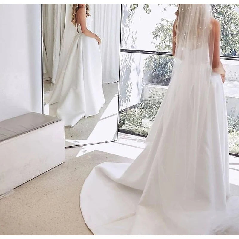 Glamorous Ivory Sweetheart Neck Draped Bodice High Slit A-Line Floor-Length Wedding Dress with Cathedral Train