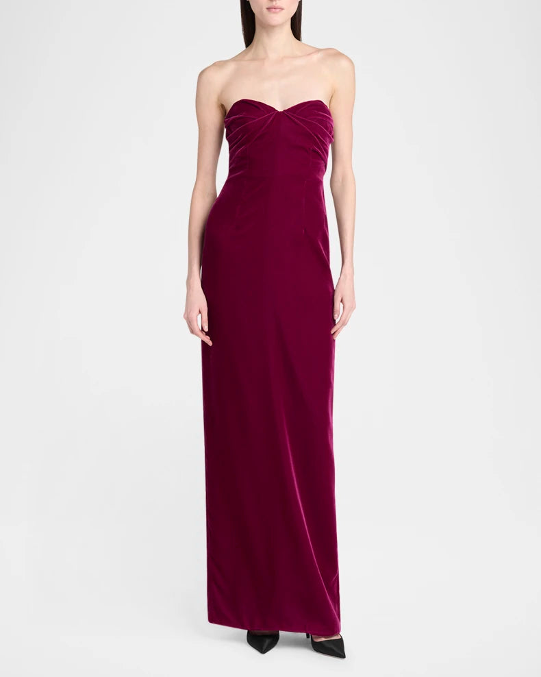 Glamorous Luxurious Regal Velvet Column Silhouette Sweetheart Neck Strapless Low Open Back Zipper Floor-Length Evening Dress