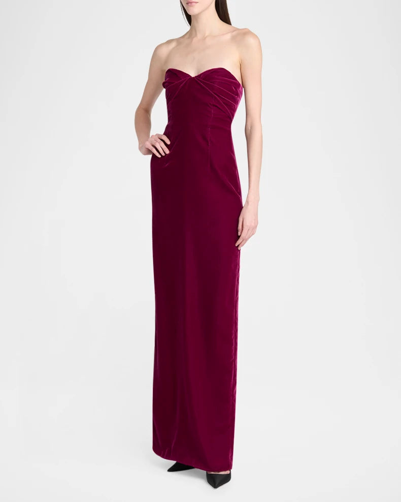 Glamorous Luxurious Regal Velvet Column Silhouette Sweetheart Neck Strapless Low Open Back Zipper Floor-Length Evening Dress