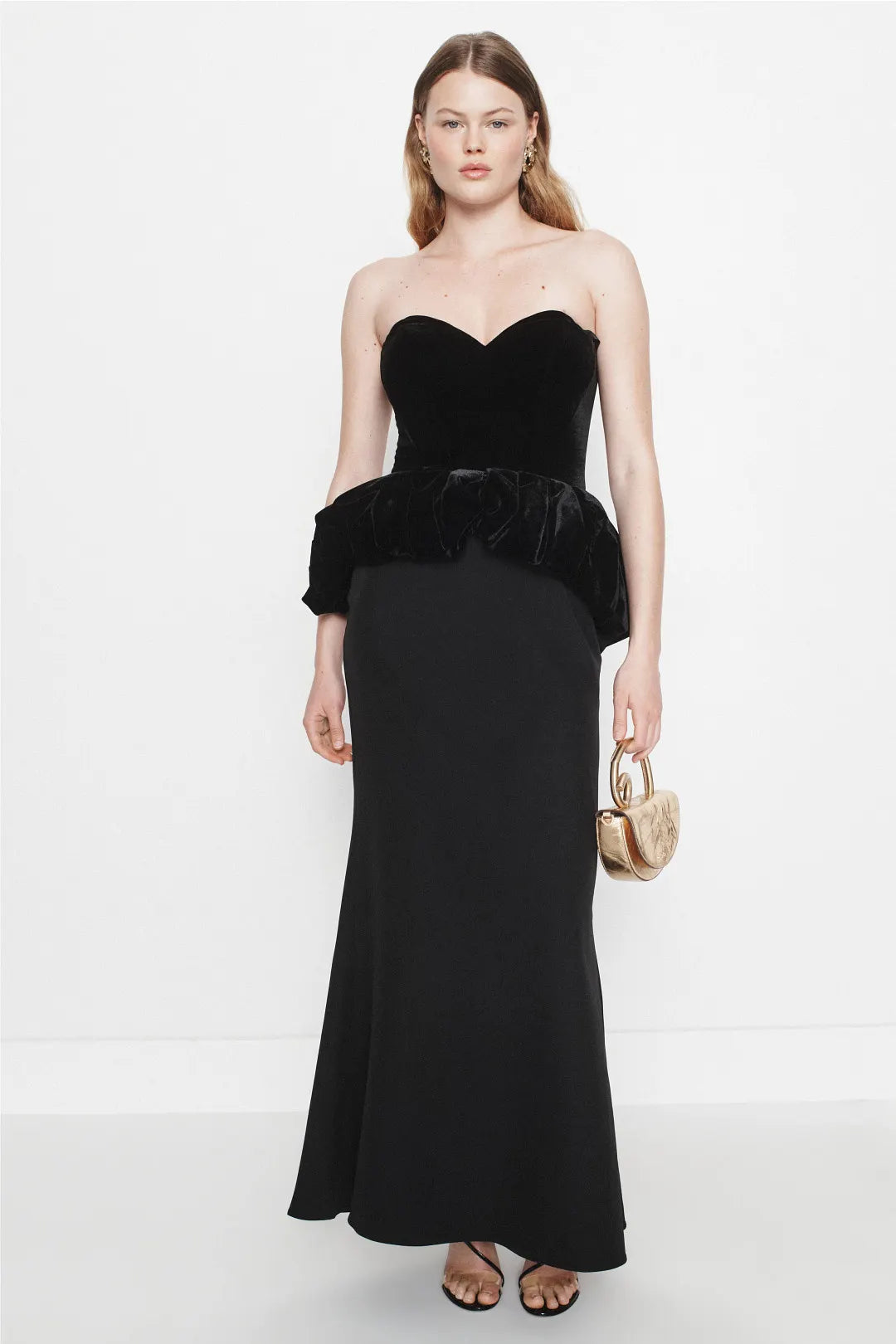 Glamorous Luxury Velvet Dramatic Peplum Mermaid Maxi Silhouette Strapless Sweetheart Neckline Sleeveless Invisible Zipper Back Closure Floor-Length Timeless Evening Dresses