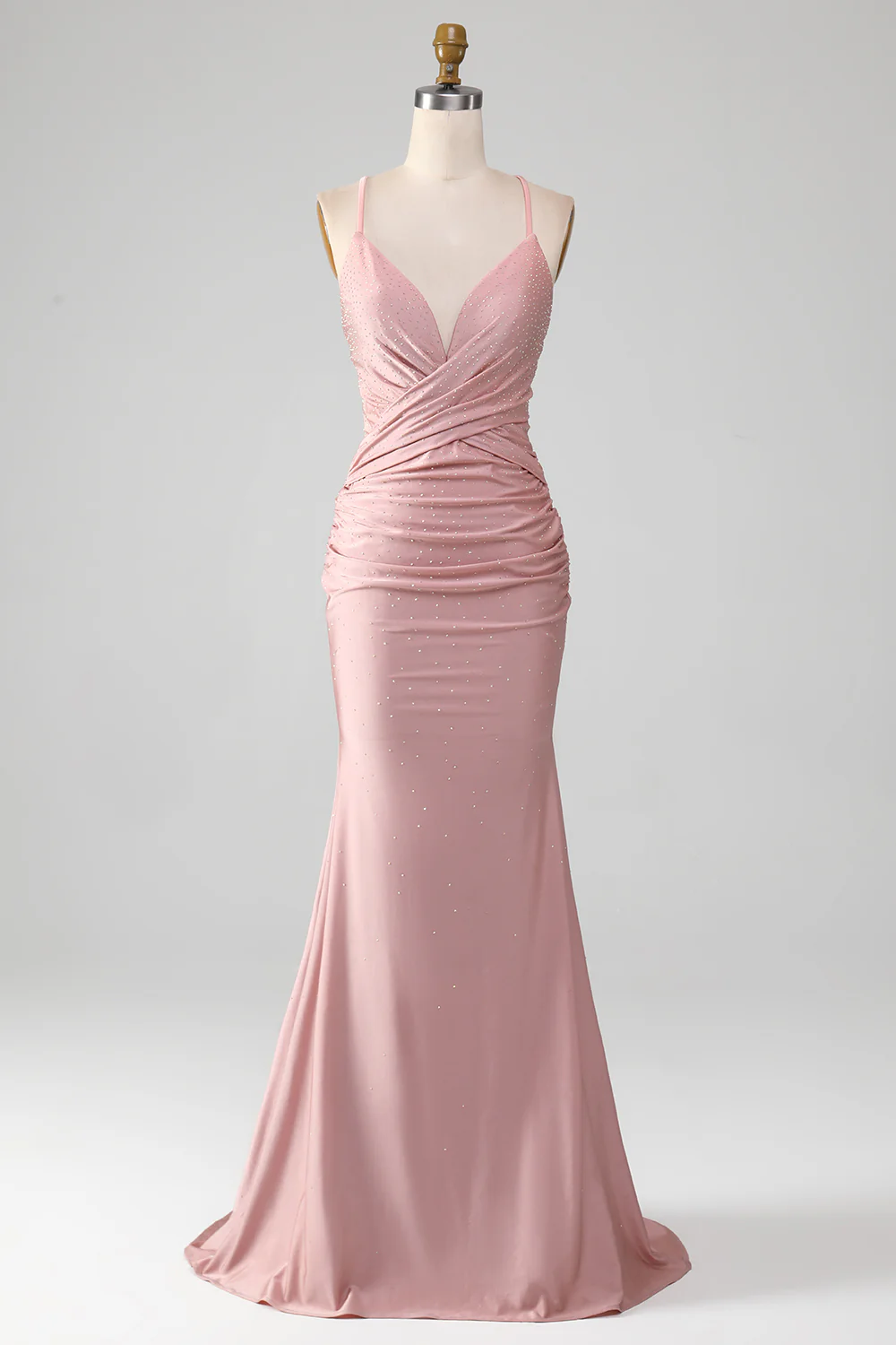 Glamorous Mermaid Deep V Spaghetti Straps Crisscross Back Ruched Satin Train Evening Dress