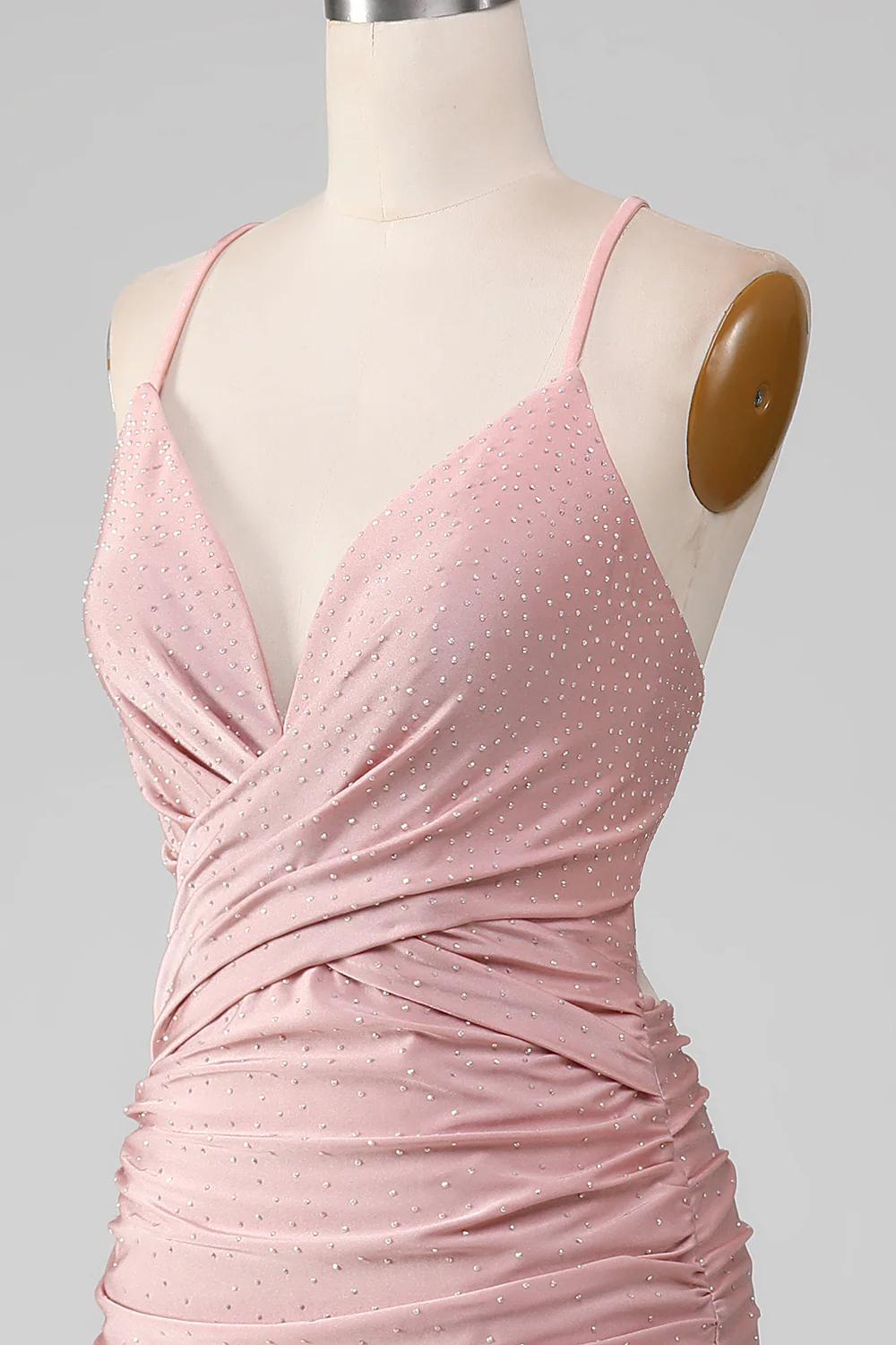 Glamorous Mermaid Deep V Spaghetti Straps Crisscross Back Ruched Satin Train Evening Dress