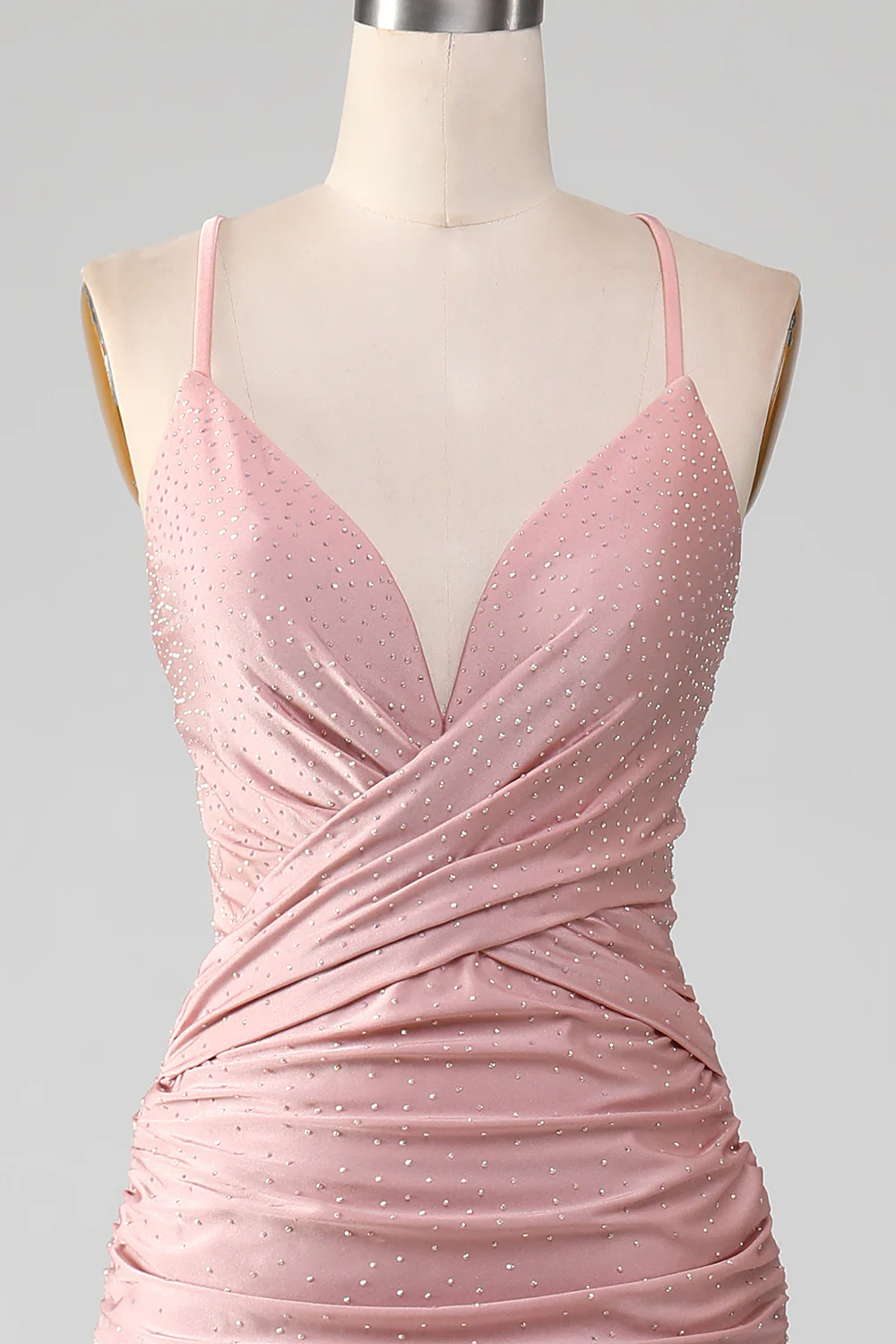 Glamorous Mermaid Deep V Spaghetti Straps Crisscross Back Ruched Satin Train Evening Dress