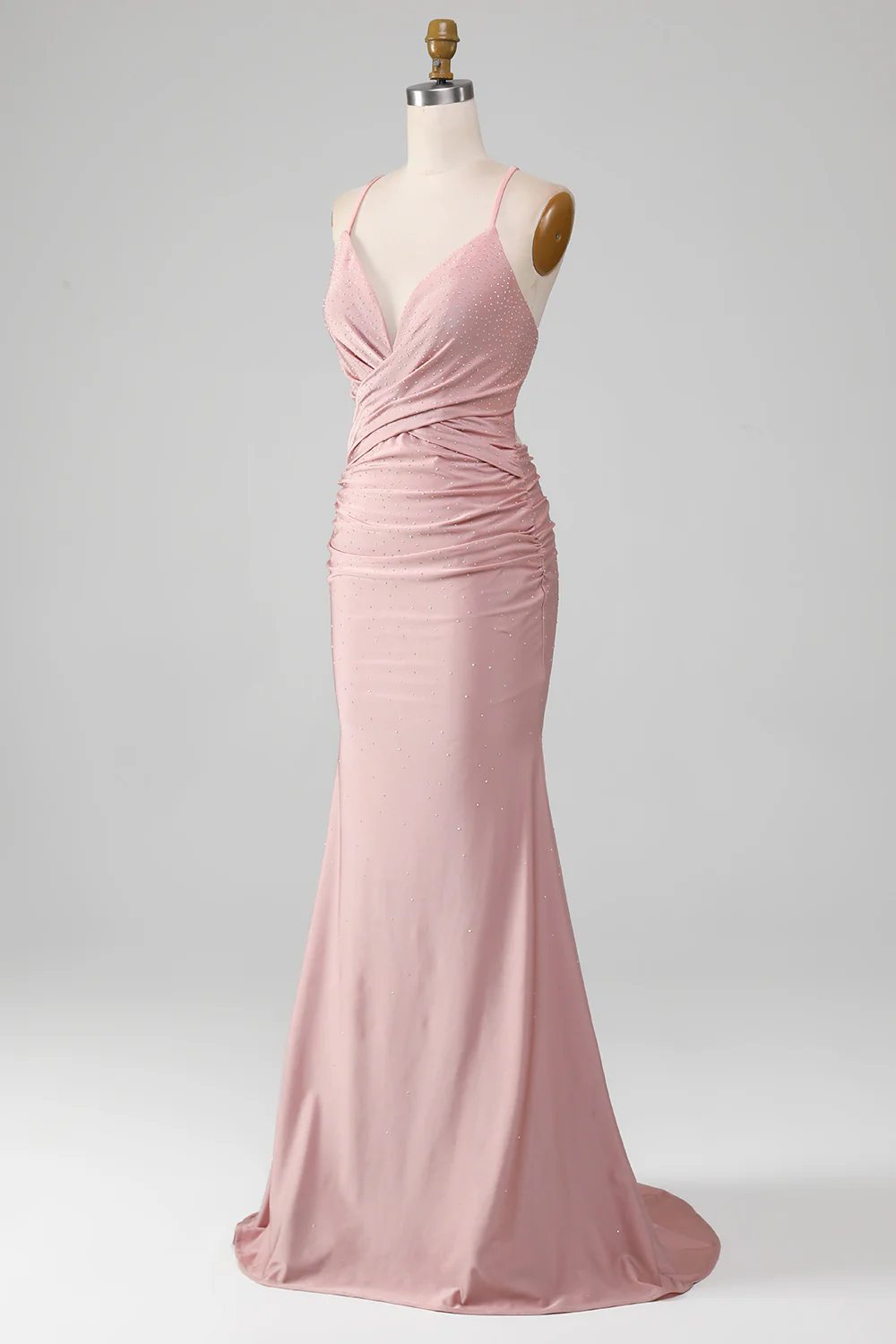 Glamorous Mermaid Deep V Spaghetti Straps Crisscross Back Ruched Satin Train Evening Dress