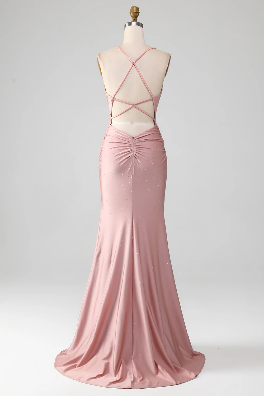 Glamorous Mermaid Deep V Spaghetti Straps Crisscross Back Ruched Satin Train Evening Dress