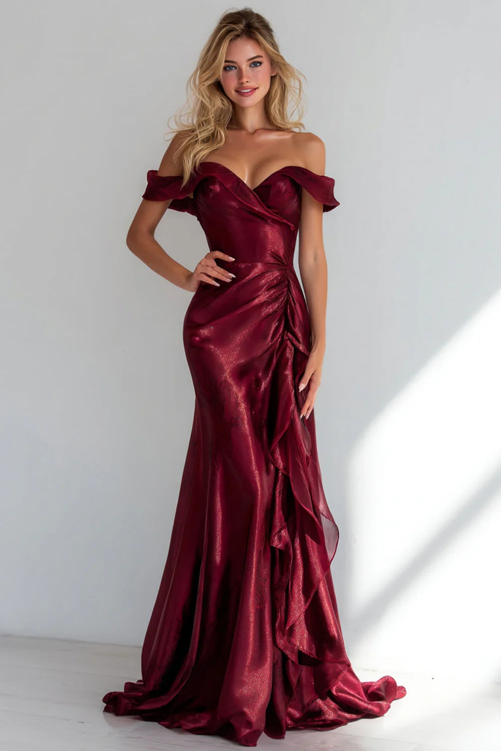 Glamorous Mermaid Off-the-Shoulder Sweetheart Neck Ruffled Sleeve Open Back Floor-Length Evening Dress
