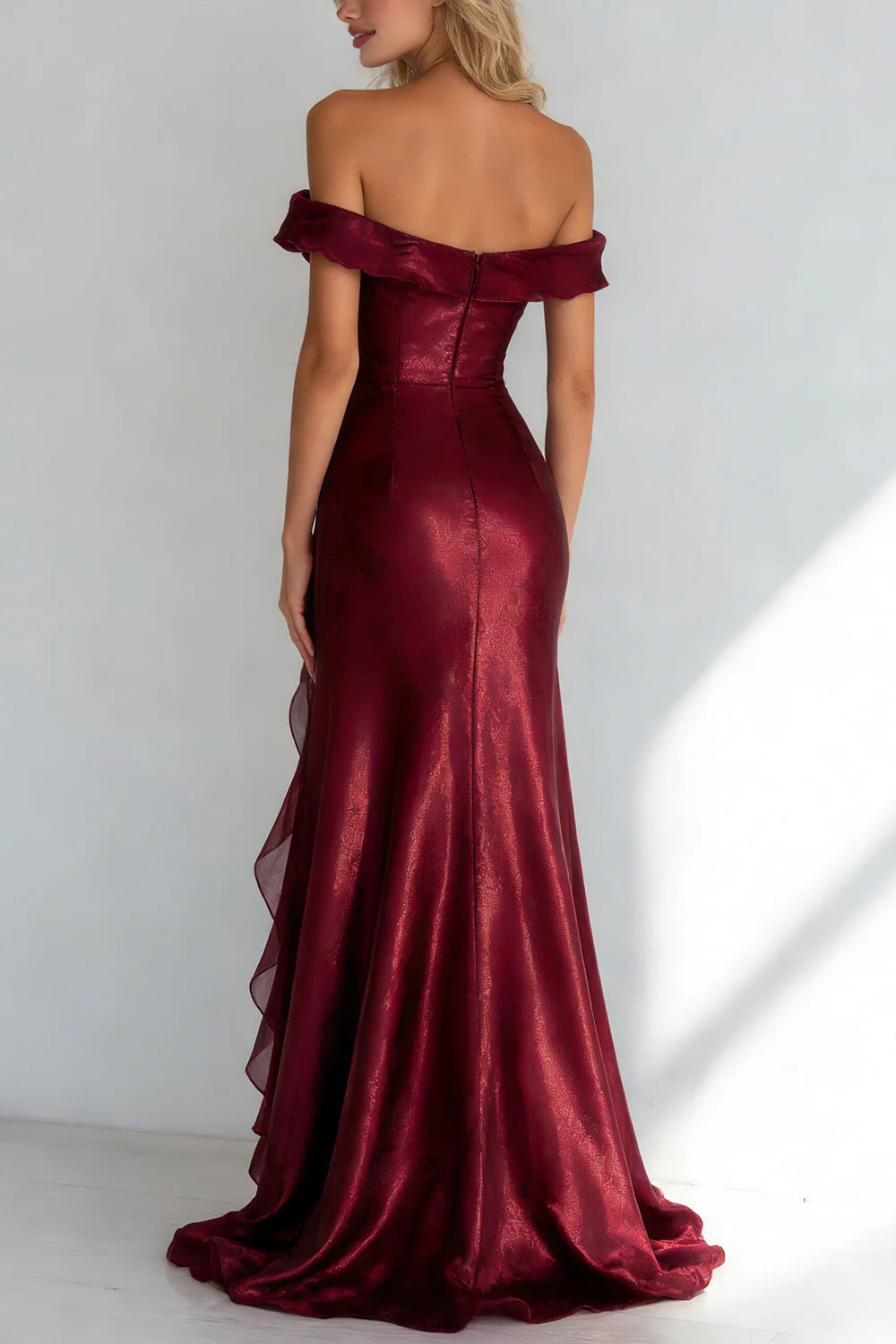 Glamorous Mermaid Off-the-Shoulder Sweetheart Neck Ruffled Sleeve Open Back Floor-Length Evening Dress