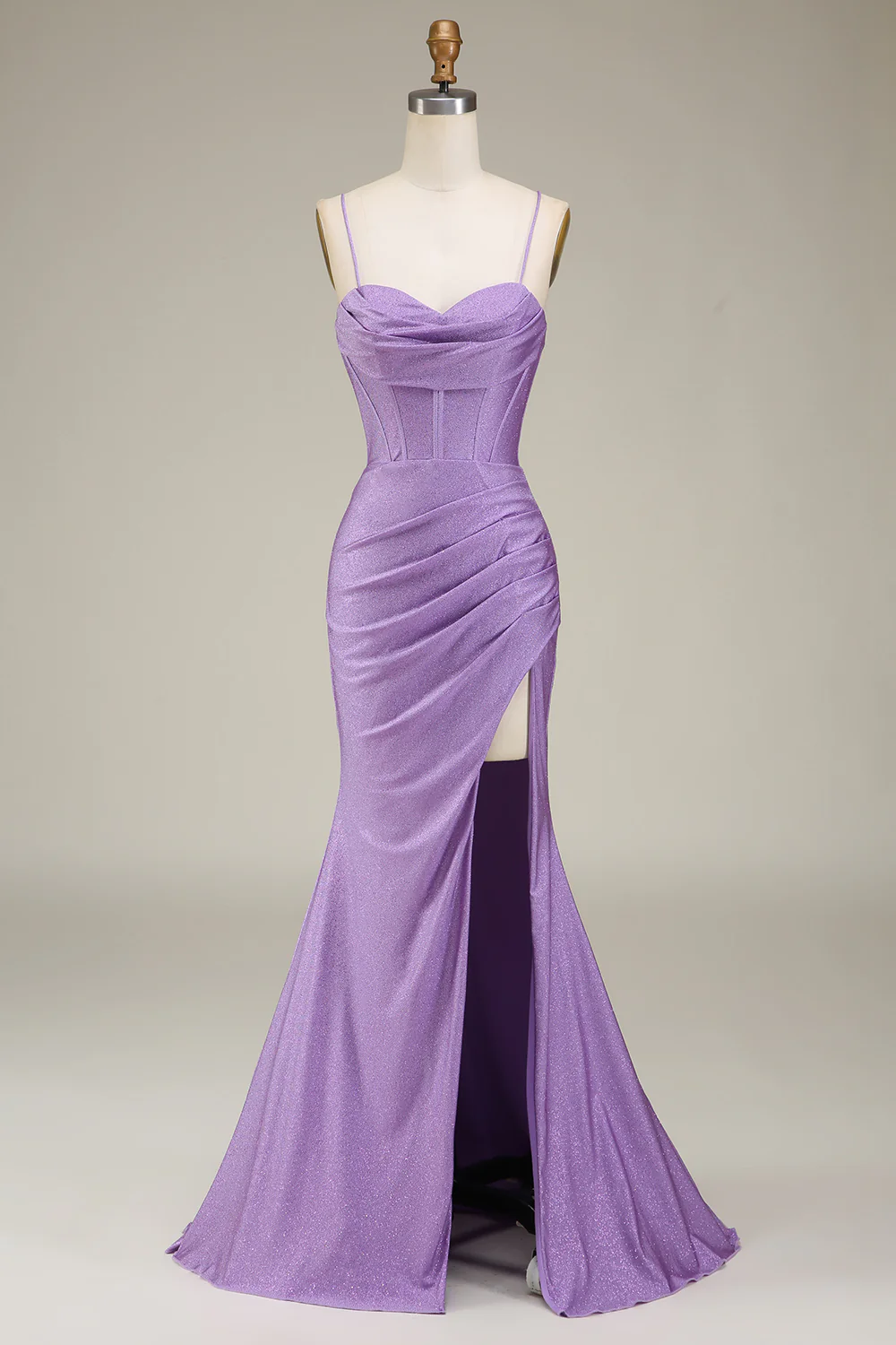 Glamorous Mermaid Sweetheart Spaghetti Straps Crisscross Back Ruched Glitter Satin Train Evening Dress