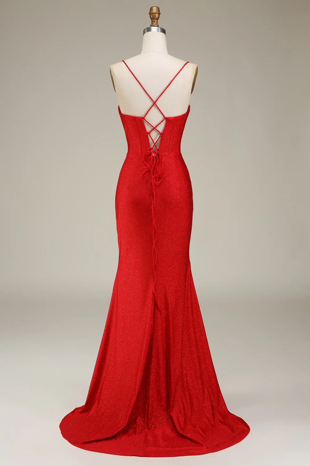 Glamorous Mermaid Sweetheart Spaghetti Straps Crisscross Back Ruched Glitter Satin Train Evening Dress