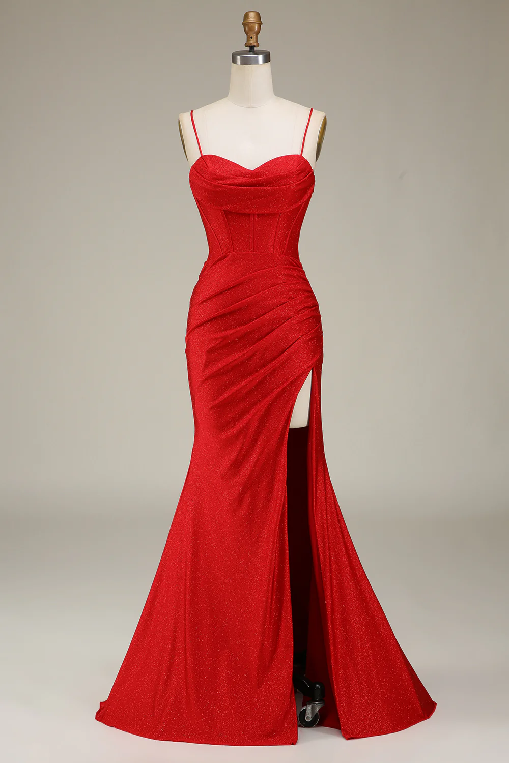 Glamorous Mermaid Sweetheart Spaghetti Straps Crisscross Back Ruched Glitter Satin Train Evening Dress