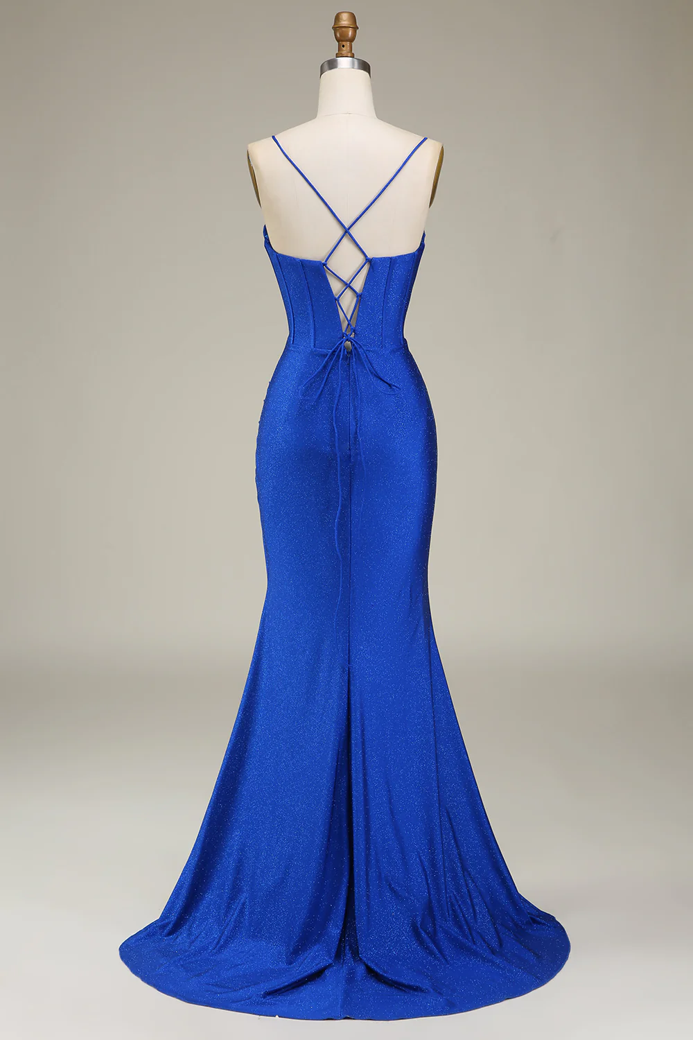 Glamorous Mermaid Sweetheart Spaghetti Straps Crisscross Back Ruched Glitter Satin Train Evening Dress