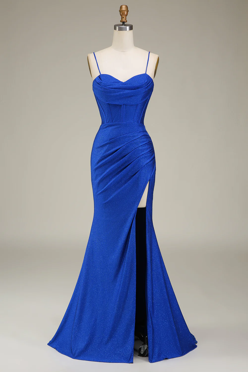 Glamorous Mermaid Sweetheart Spaghetti Straps Crisscross Back Ruched Glitter Satin Train Evening Dress