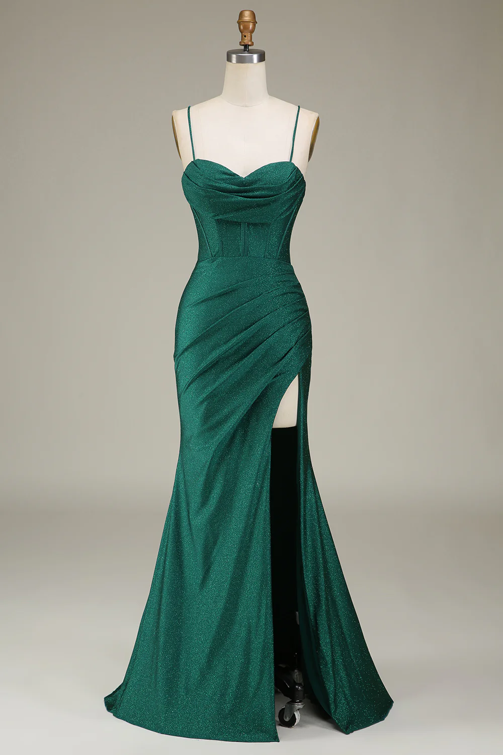 Glamorous Mermaid Sweetheart Spaghetti Straps Crisscross Back Ruched Glitter Satin Train Evening Dress