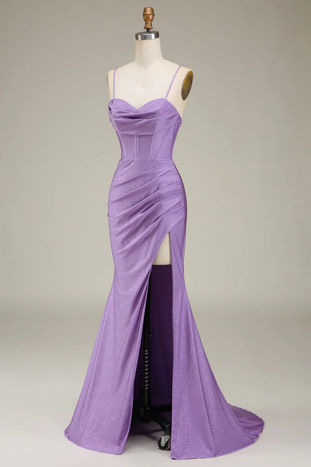 Glamorous Mermaid Sweetheart Spaghetti Straps Crisscross Back Ruched Glitter Satin Train Evening Dress