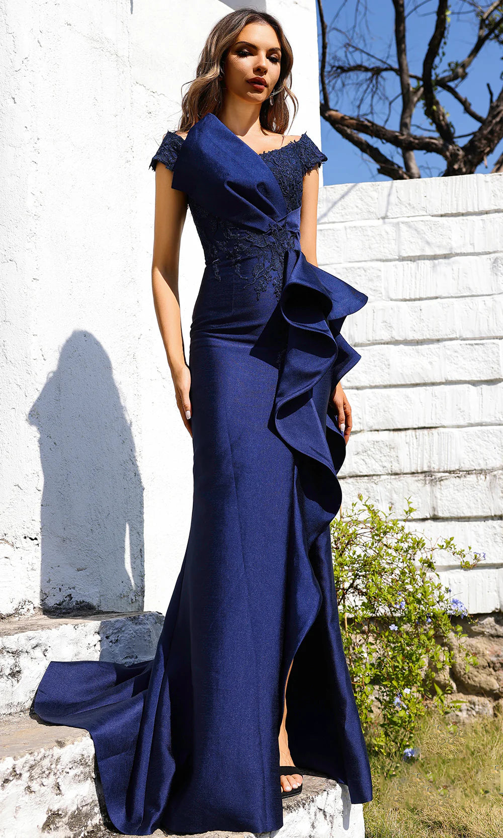 Glamorous Navy Blue Satin Mermaid Asymmetrical Neck Cap Sleeve Ruffle Detail Mother of the Bride Dresses