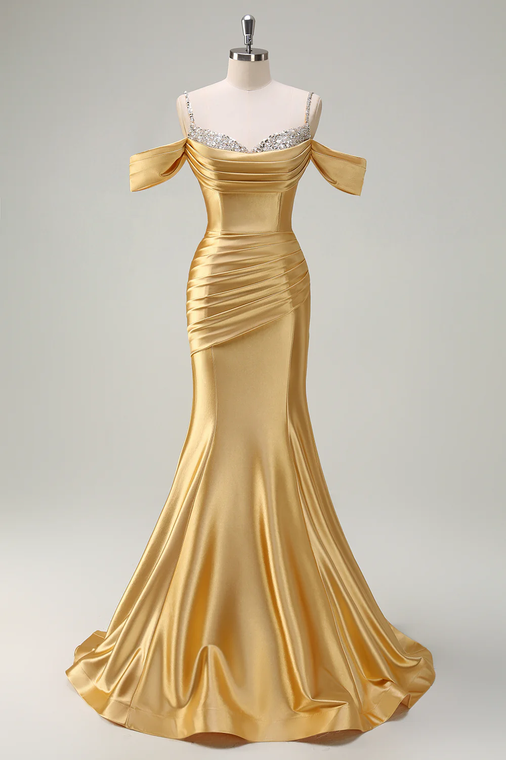 Glamorous Off-the-Shoulder Beaded Satin Mermaid Evening Dress with Train