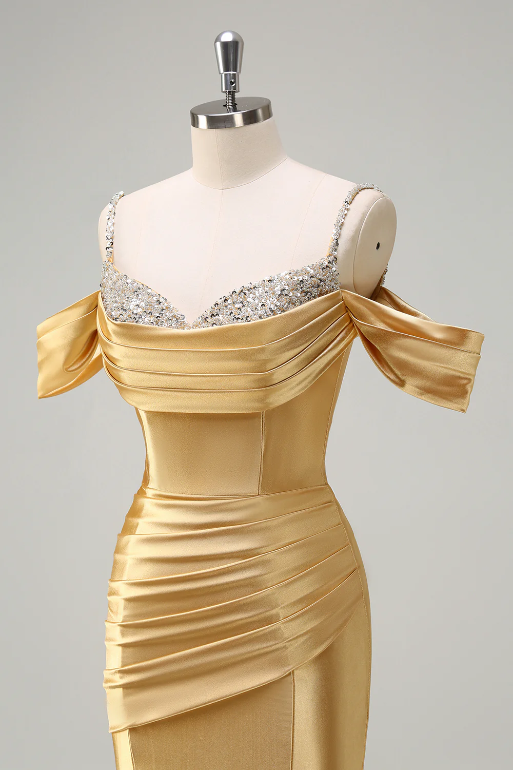 Glamorous Off-the-Shoulder Beaded Satin Mermaid Evening Dress with Train