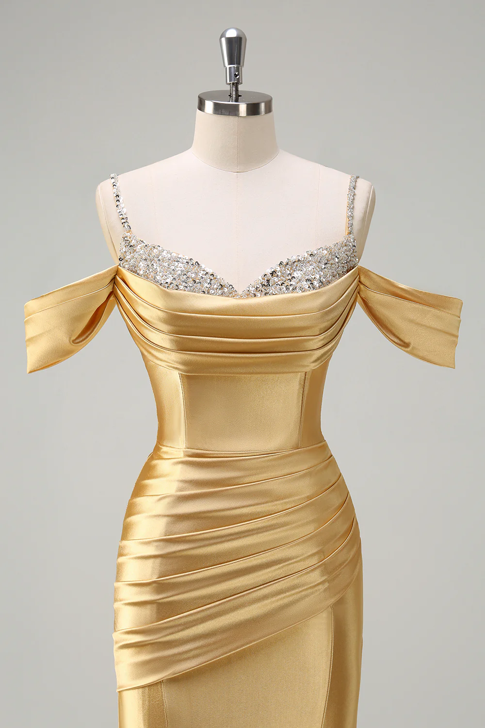 Glamorous Off-the-Shoulder Beaded Satin Mermaid Evening Dress with Train