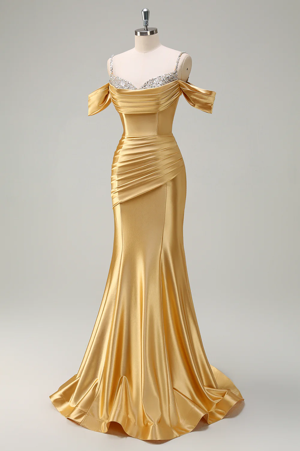 Glamorous Off-the-Shoulder Beaded Satin Mermaid Evening Dress with Train