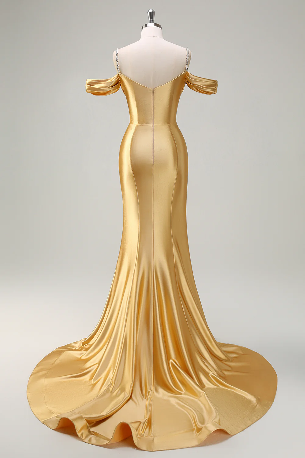 Glamorous Off-the-Shoulder Beaded Satin Mermaid Evening Dress with Train