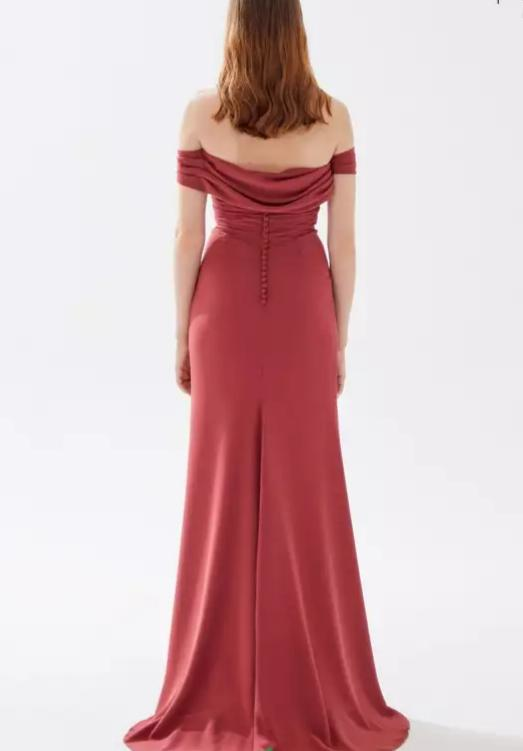 Glamorous Off-the-Shoulder Ruched Bodice High Slit Satin Prom Dress