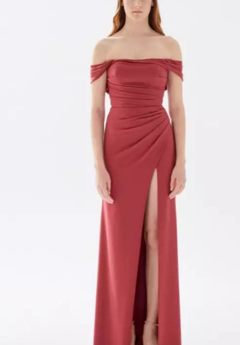 Glamorous Off-the-Shoulder Ruched Bodice High Slit Satin Prom Dress