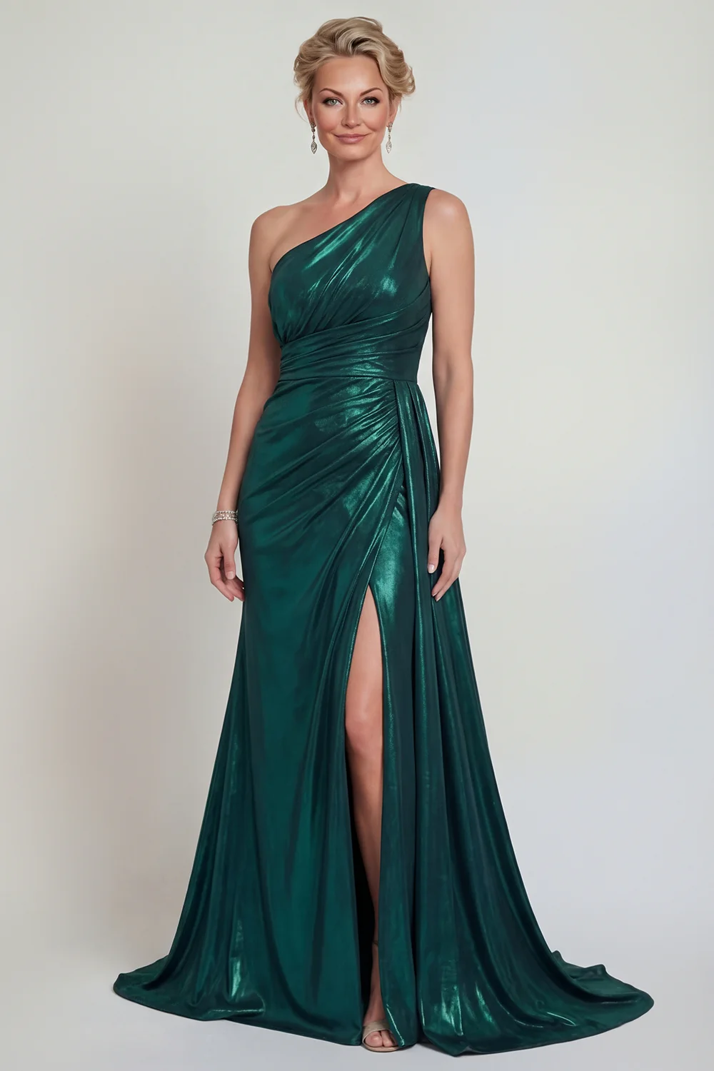 Glamorous One-Shoulder Ruched Metallic Satin Mermaid Slit Train Mother of the Bride Dress