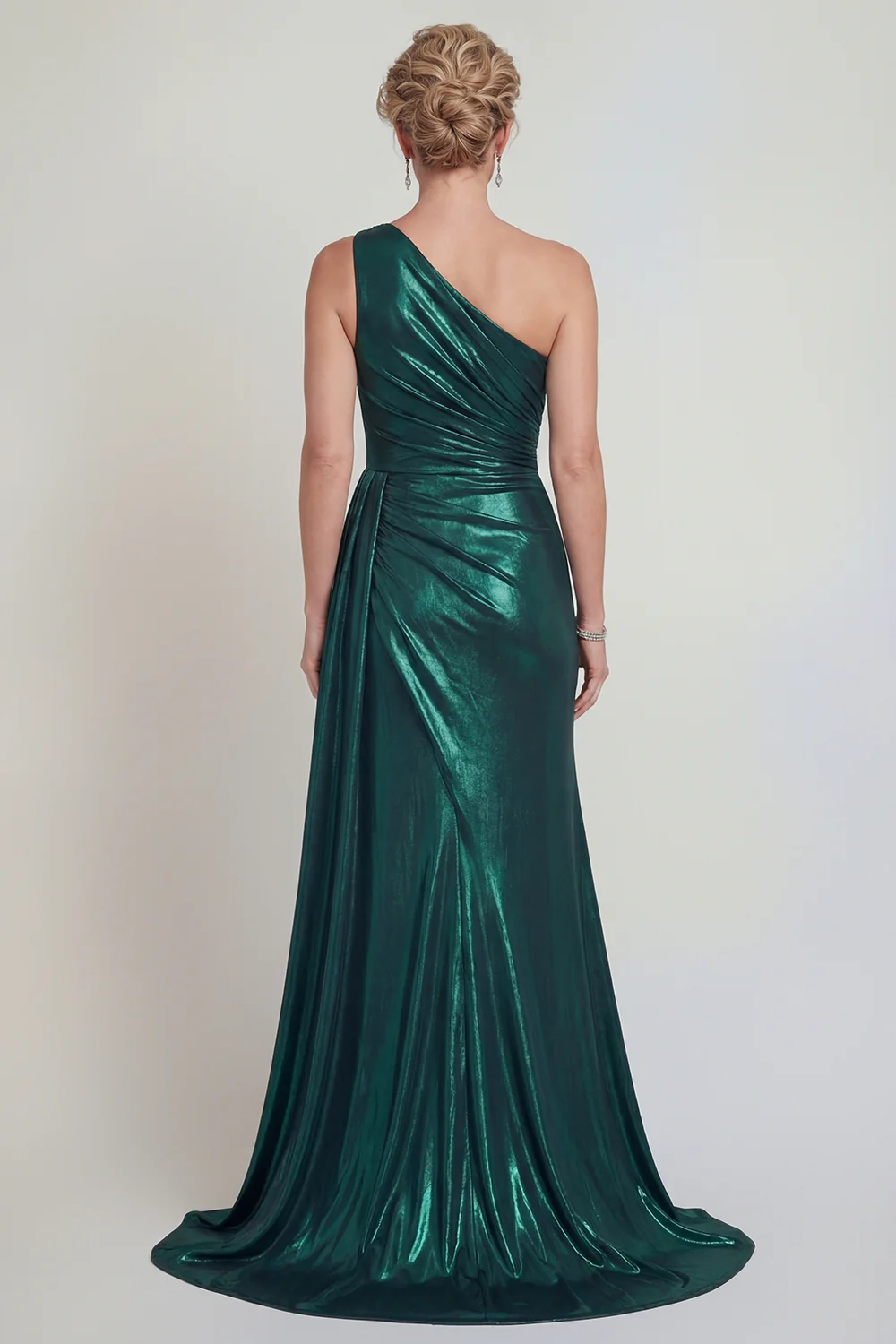 Glamorous One-Shoulder Ruched Metallic Satin Mermaid Slit Train Mother of the Bride Dress