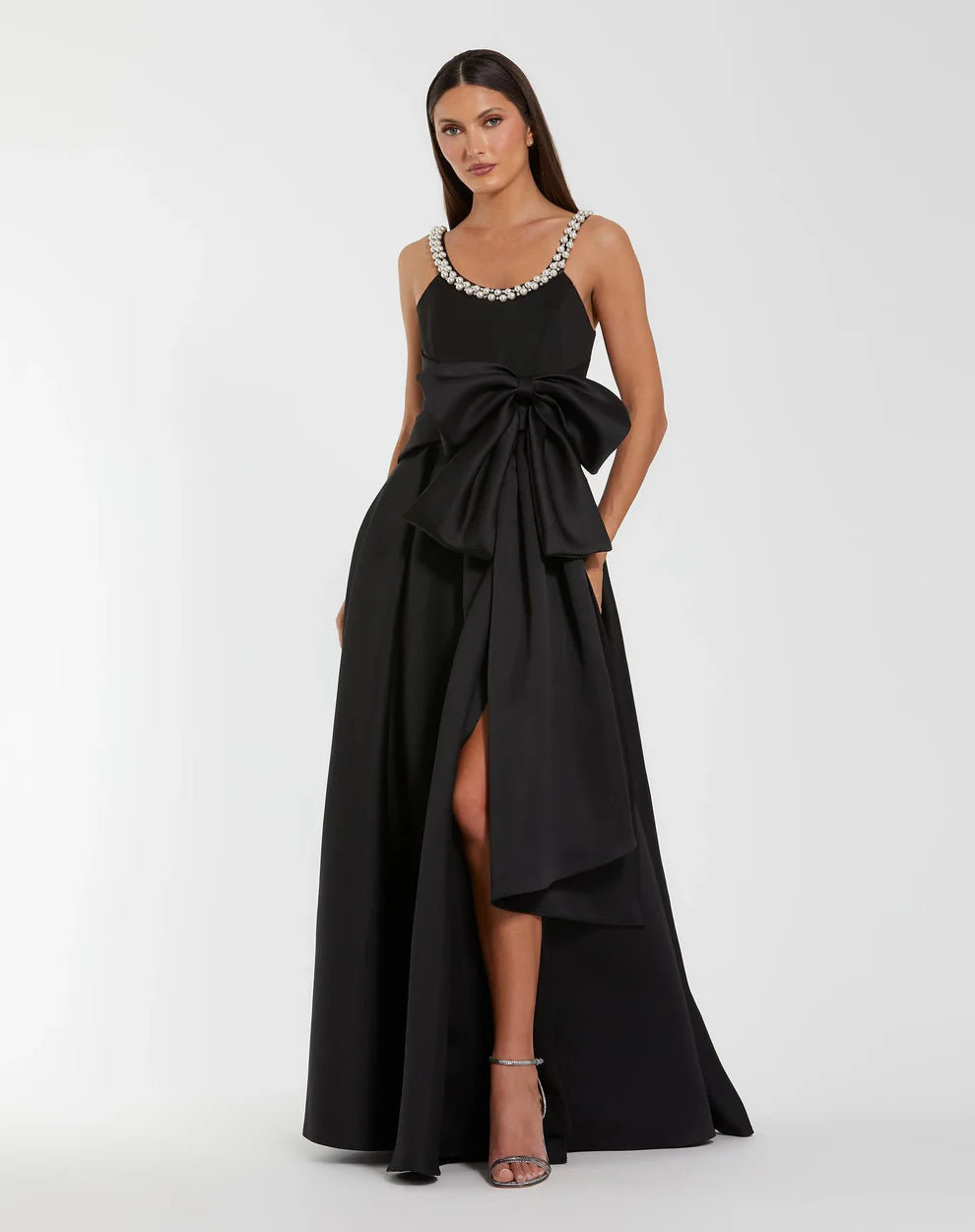 Glamorous Pearl-Trimmed Ball Gown Scoop Neck Thin Straps Zipper Back High Slit Floor-Length Evening Dresses