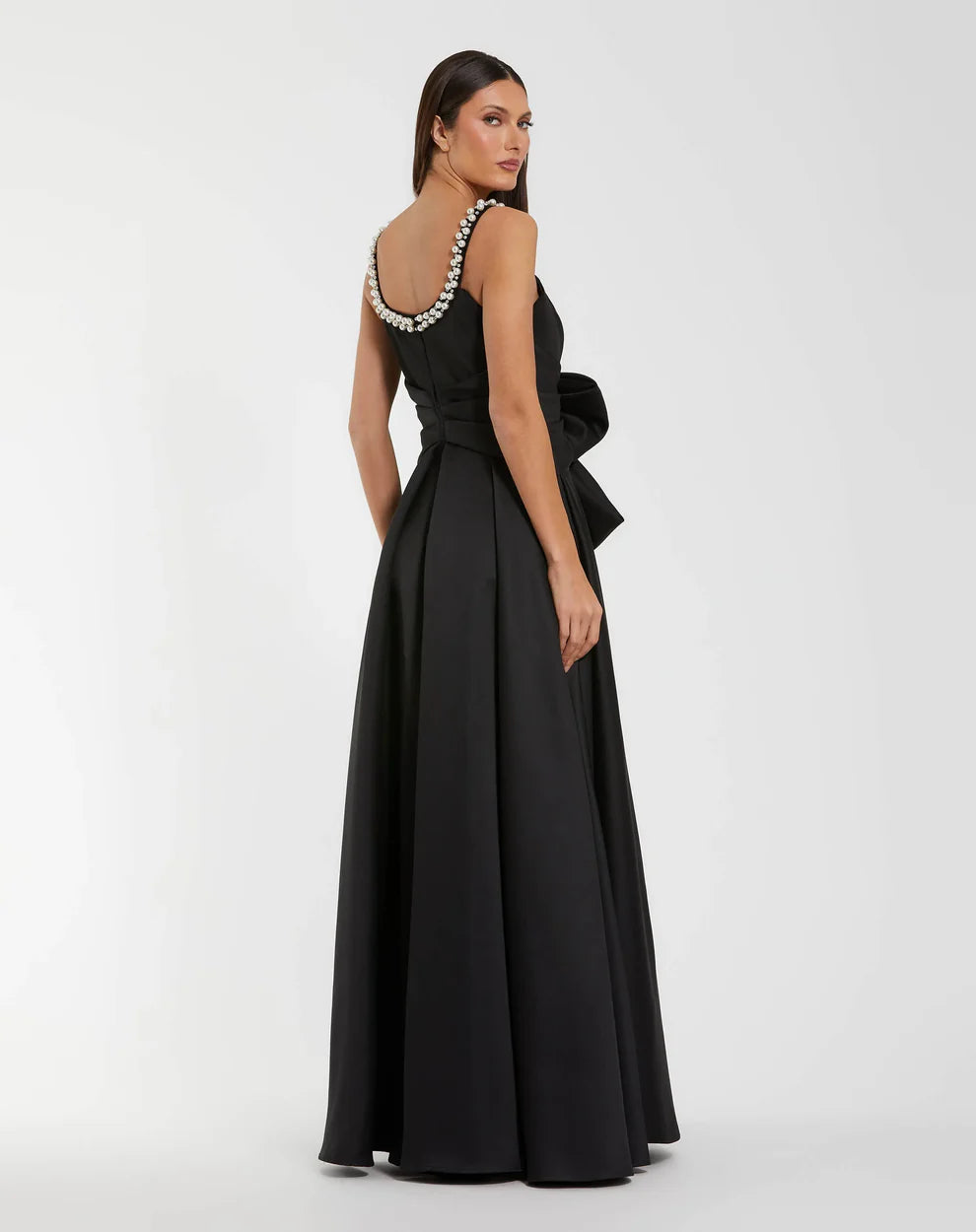 Glamorous Pearl-Trimmed Ball Gown Scoop Neck Thin Straps Zipper Back High Slit Floor-Length Evening Dresses