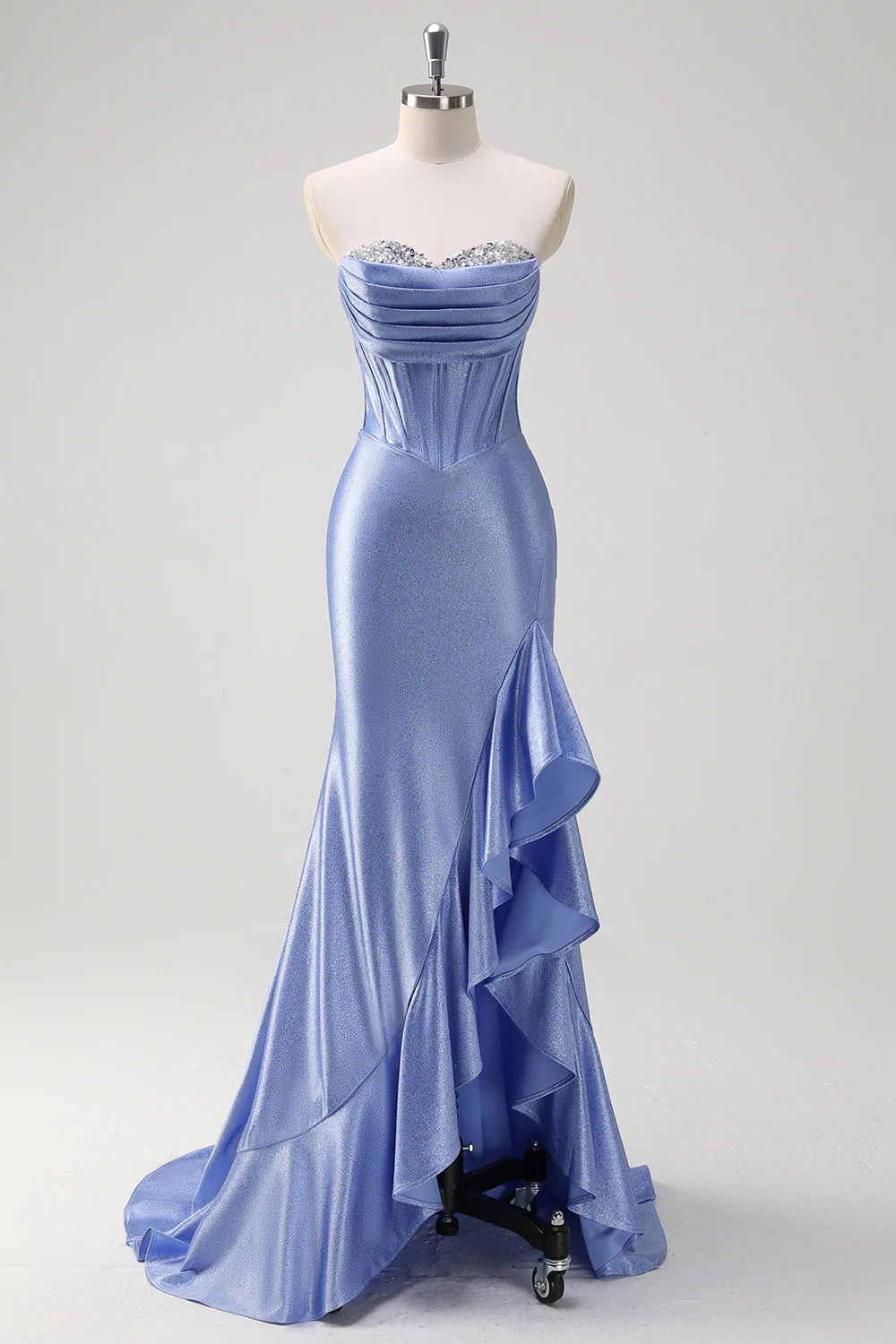 Glamorous Periwinkle Blue Mermaid Evening Dress with Beaded Bust and Ruffle Slit