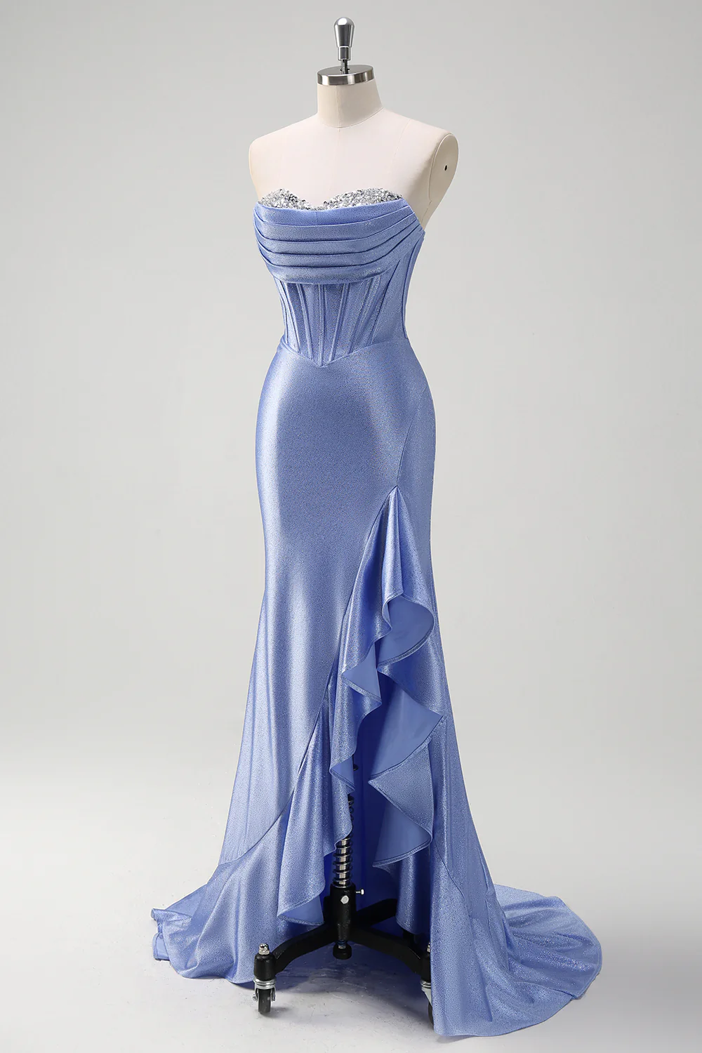Glamorous Periwinkle Blue Mermaid Evening Dress with Beaded Bust and Ruffle Slit