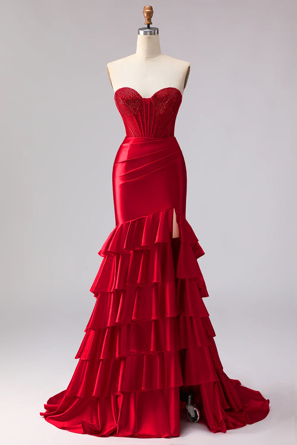 Glamorous Red Mermaid Evening Dress with Beaded Bust and Ruffle Slit