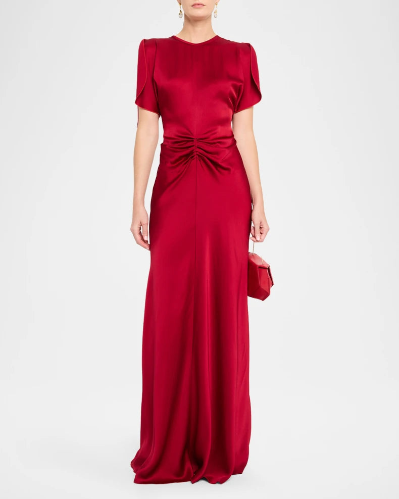 Glamorous Regal Ruby Red Satin Column Silhouette Round Neck Short Flutter Sleeves Ruched Waist Floor-Length Evening Dress