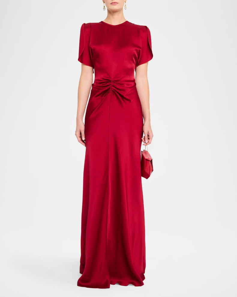 Glamorous Regal Ruby Red Satin Column Silhouette Round Neck Short Flutter Sleeves Ruched Waist Floor-Length Evening Dress